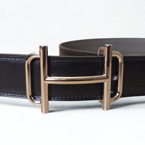 Hermès Reversible Belt – Black/Gray Pebble – Palladium “H” Buckle – Brand New